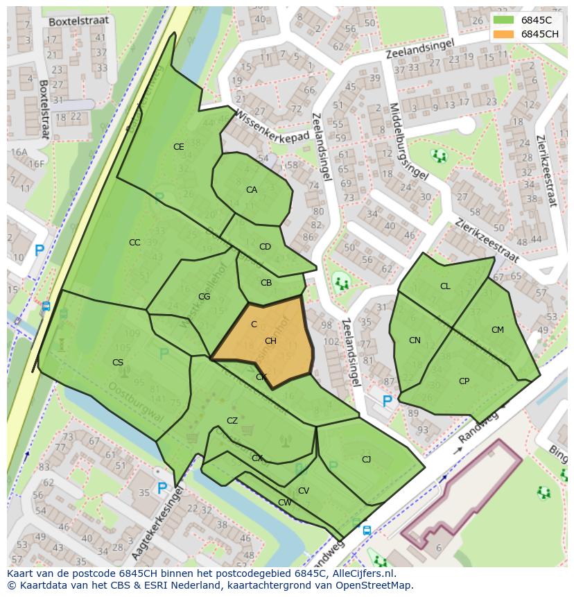 Afbeelding van het postcodegebied 6845 CH op de kaart.