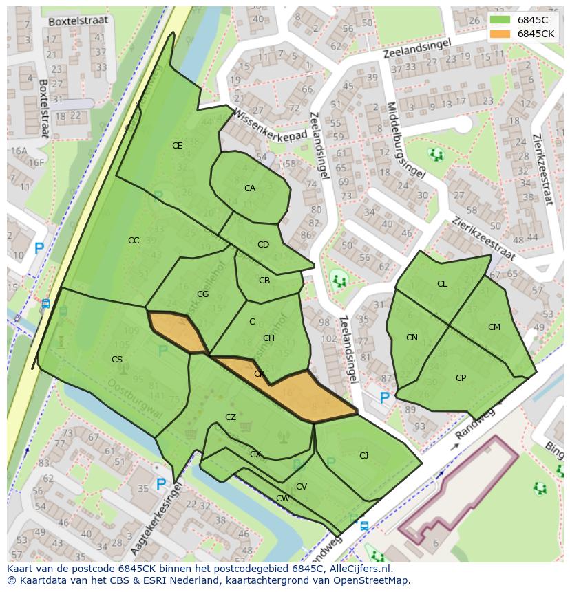 Afbeelding van het postcodegebied 6845 CK op de kaart.