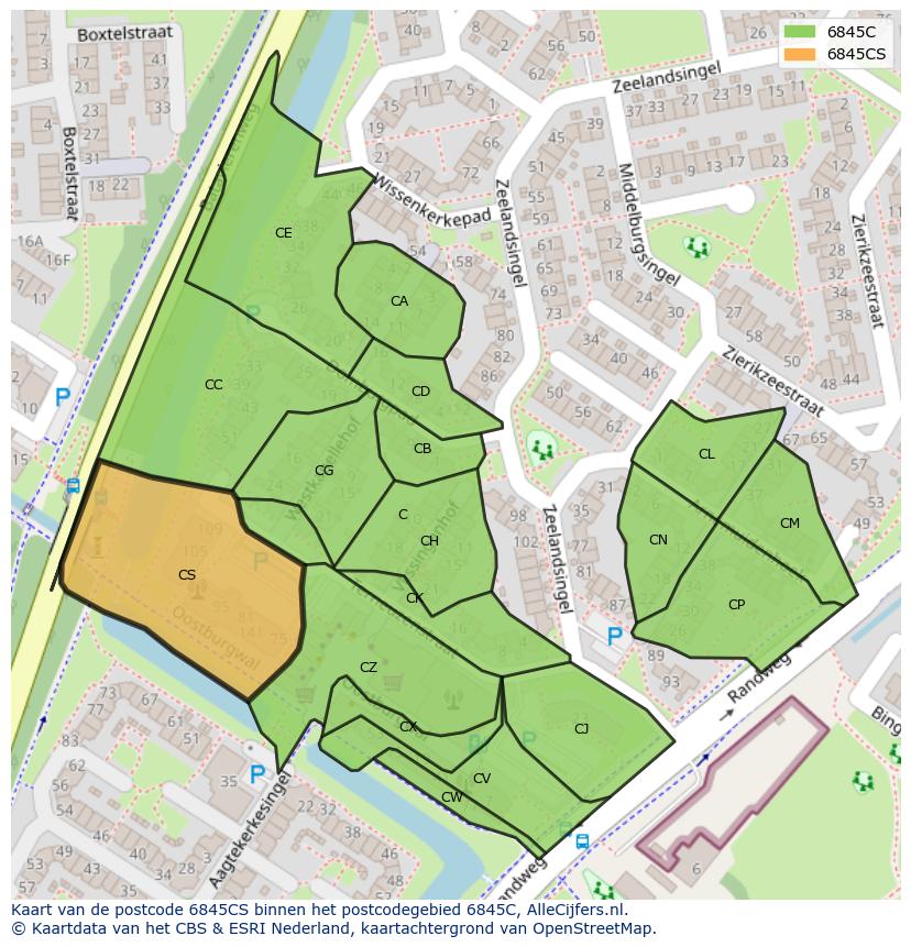 Afbeelding van het postcodegebied 6845 CS op de kaart.