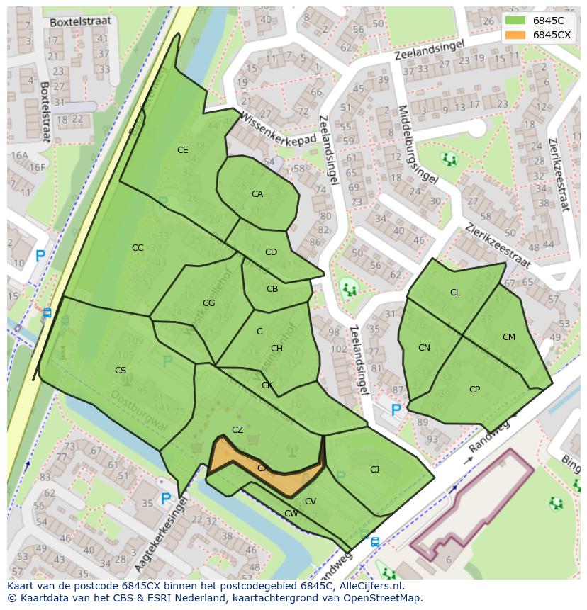 Afbeelding van het postcodegebied 6845 CX op de kaart.