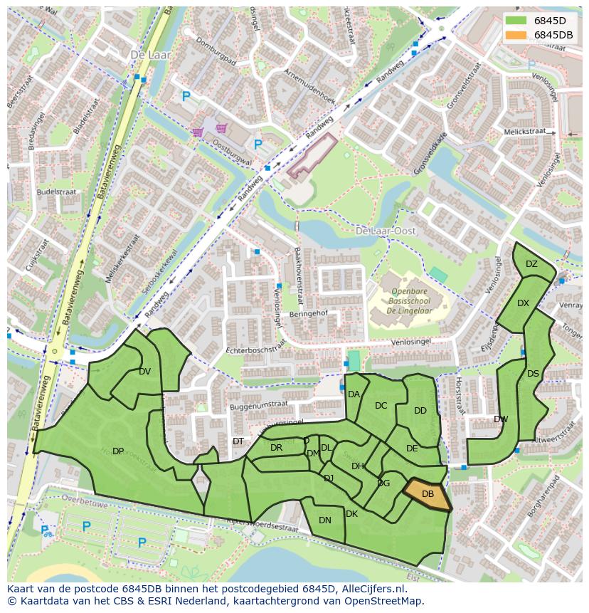 Afbeelding van het postcodegebied 6845 DB op de kaart.