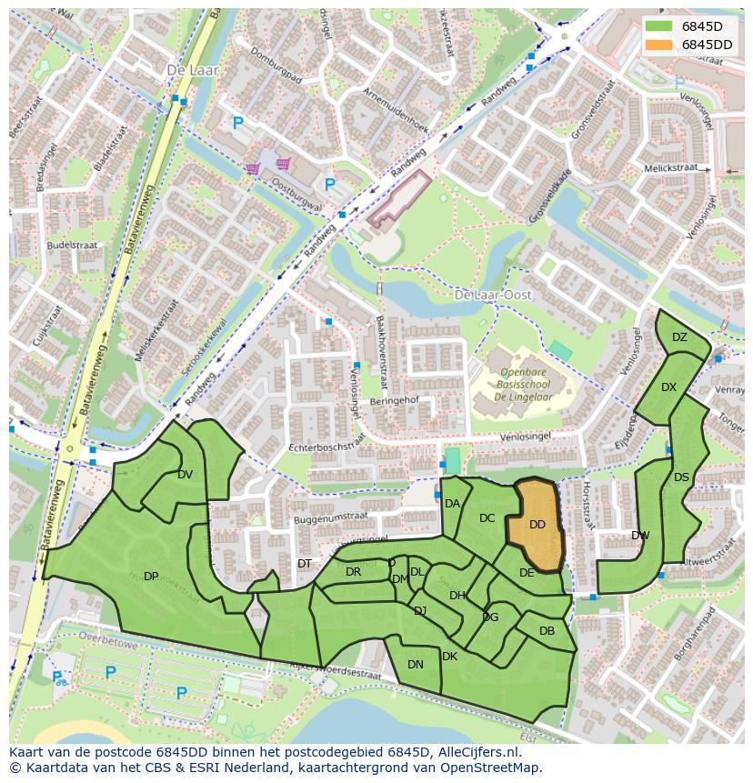 Afbeelding van het postcodegebied 6845 DD op de kaart.