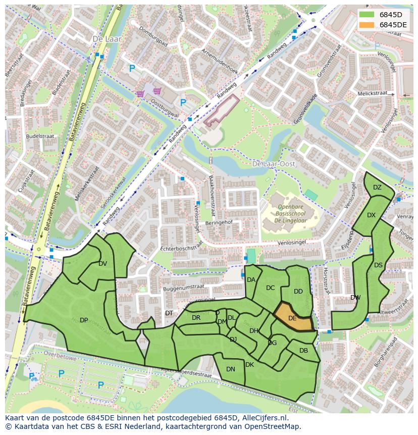 Afbeelding van het postcodegebied 6845 DE op de kaart.