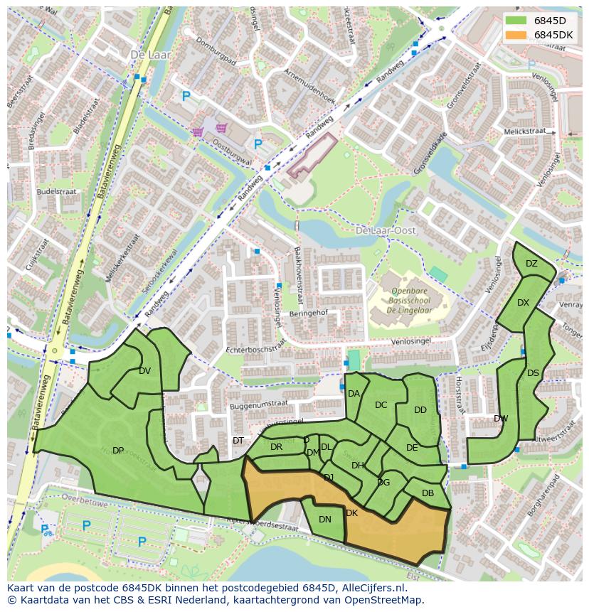 Afbeelding van het postcodegebied 6845 DK op de kaart.