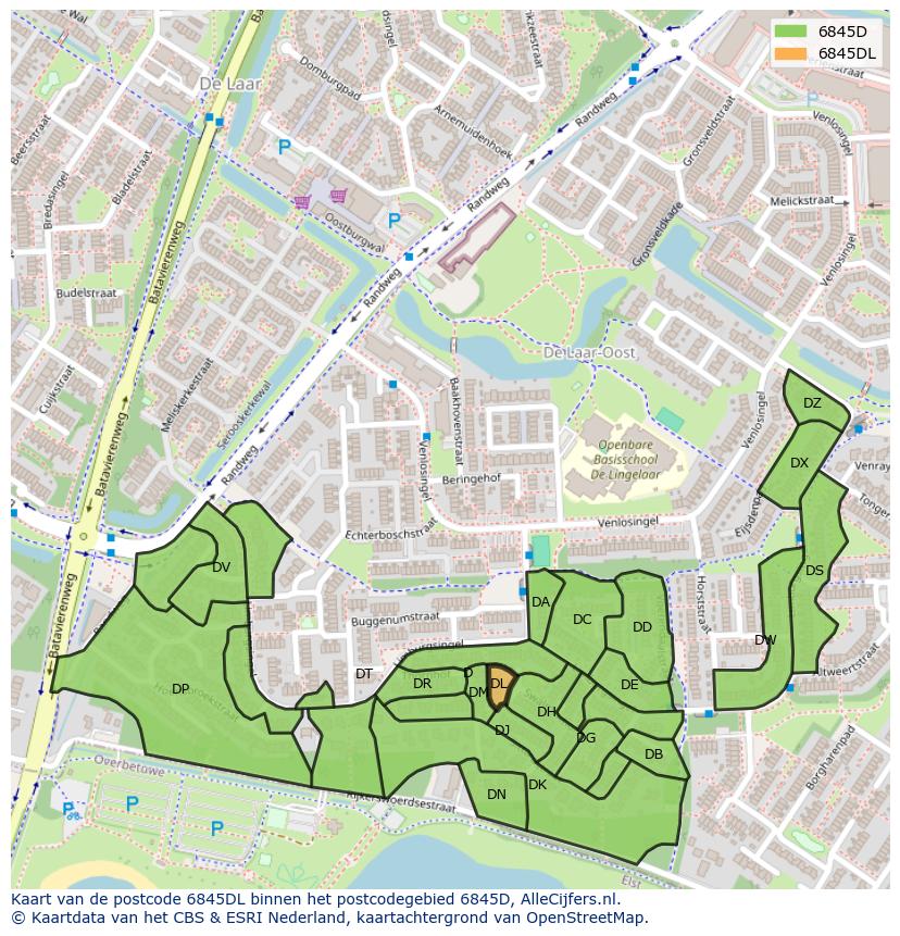 Afbeelding van het postcodegebied 6845 DL op de kaart.