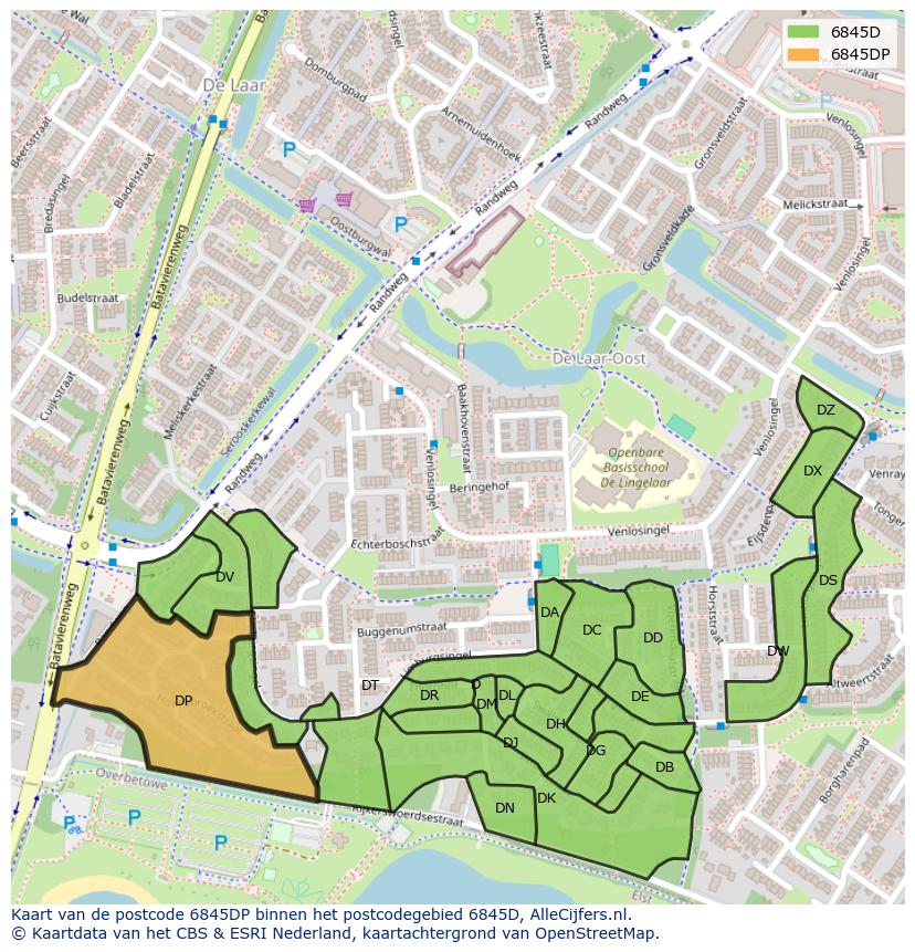 Afbeelding van het postcodegebied 6845 DP op de kaart.