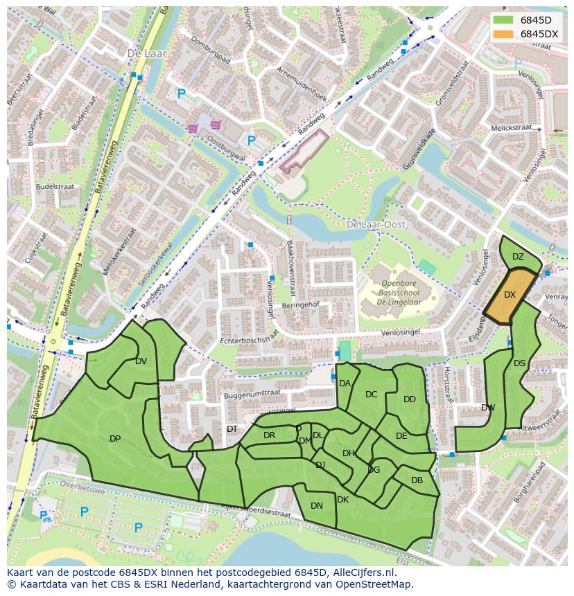 Afbeelding van het postcodegebied 6845 DX op de kaart.
