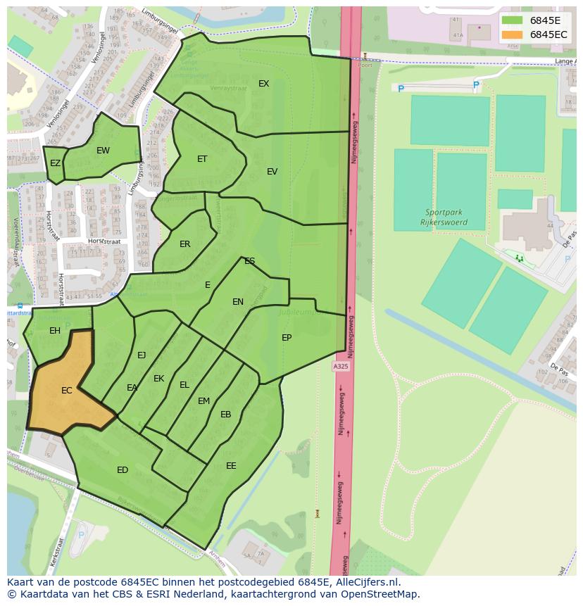 Afbeelding van het postcodegebied 6845 EC op de kaart.
