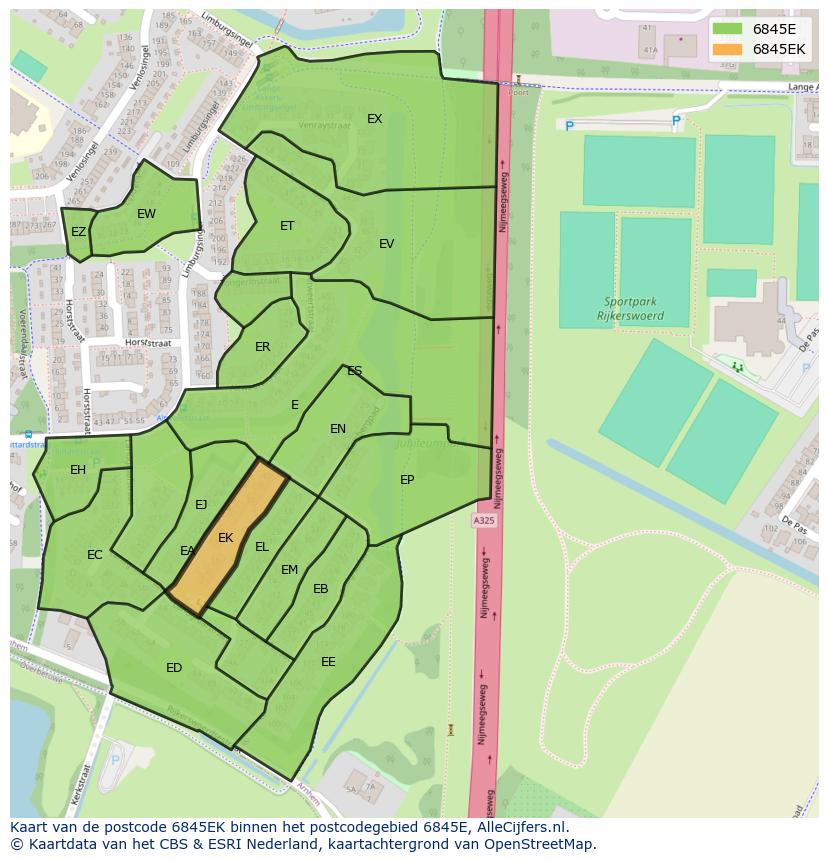Afbeelding van het postcodegebied 6845 EK op de kaart.