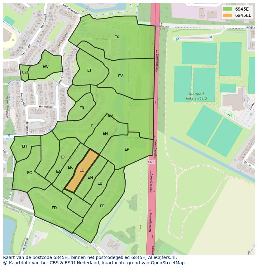 Afbeelding van het postcodegebied 6845 EL op de kaart.