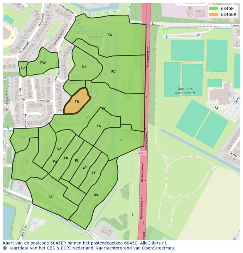 Afbeelding van het postcodegebied 6845 ER op de kaart.