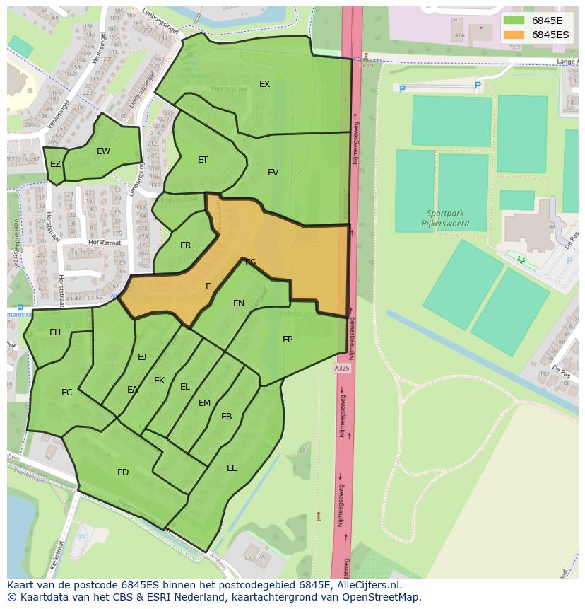 Afbeelding van het postcodegebied 6845 ES op de kaart.