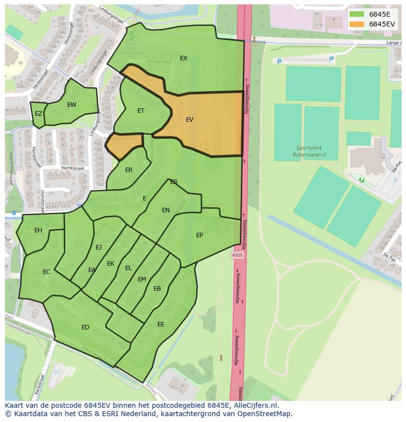 Afbeelding van het postcodegebied 6845 EV op de kaart.