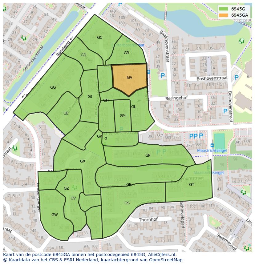 Afbeelding van het postcodegebied 6845 GA op de kaart.