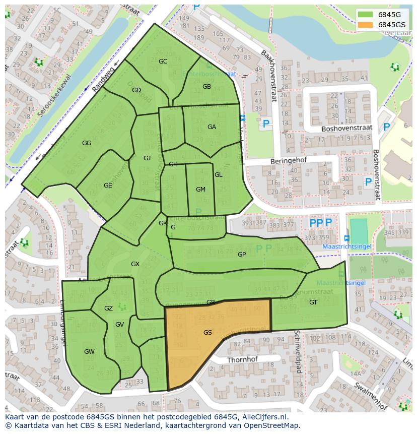 Afbeelding van het postcodegebied 6845 GS op de kaart.