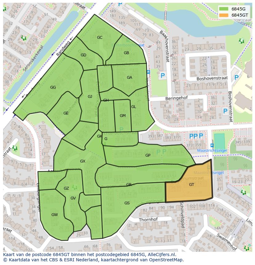 Afbeelding van het postcodegebied 6845 GT op de kaart.