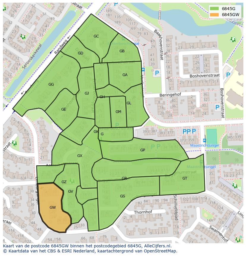 Afbeelding van het postcodegebied 6845 GW op de kaart.