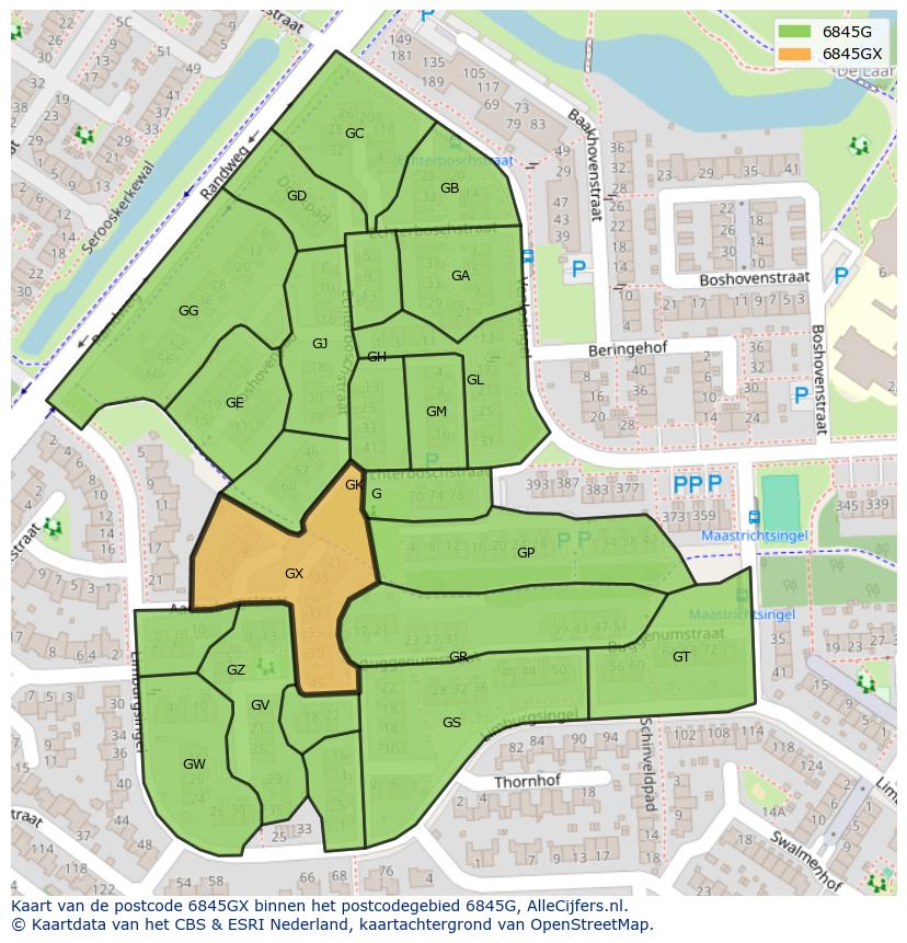 Afbeelding van het postcodegebied 6845 GX op de kaart.