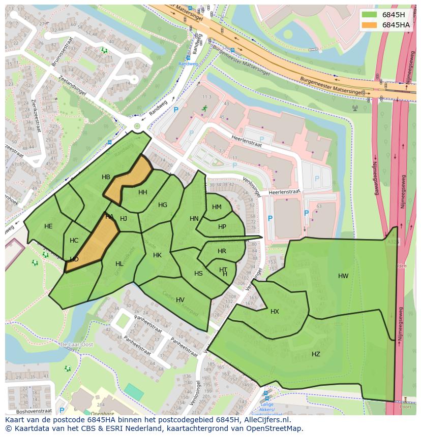 Afbeelding van het postcodegebied 6845 HA op de kaart.