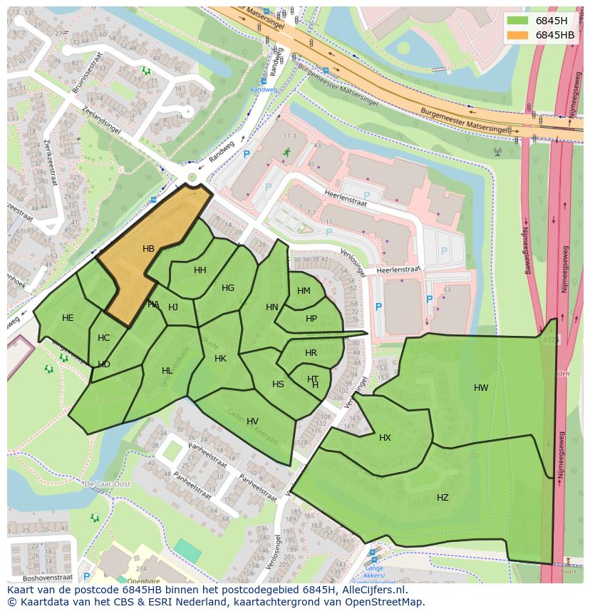 Afbeelding van het postcodegebied 6845 HB op de kaart.
