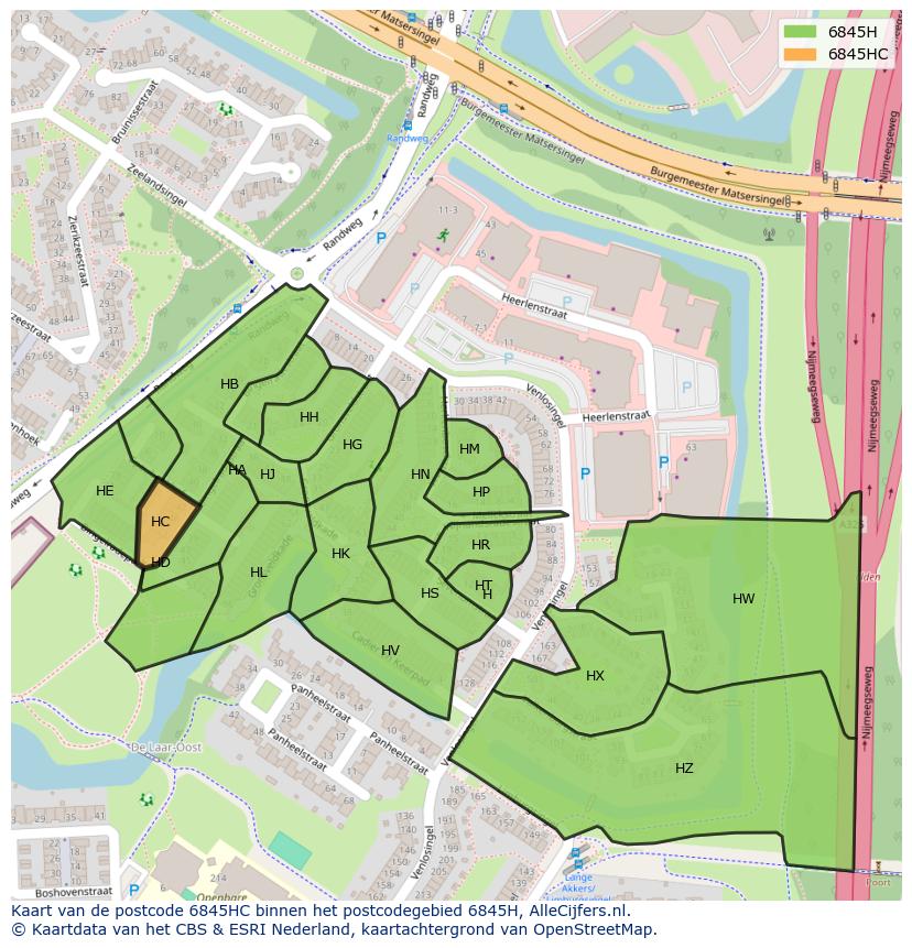 Afbeelding van het postcodegebied 6845 HC op de kaart.