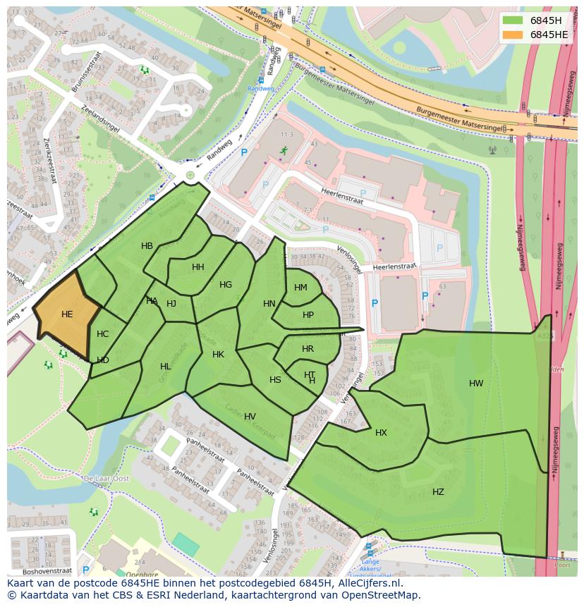Afbeelding van het postcodegebied 6845 HE op de kaart.