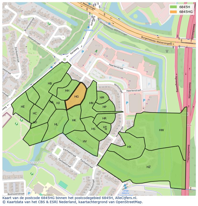 Afbeelding van het postcodegebied 6845 HG op de kaart.