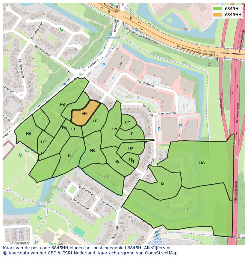 Afbeelding van het postcodegebied 6845 HH op de kaart.