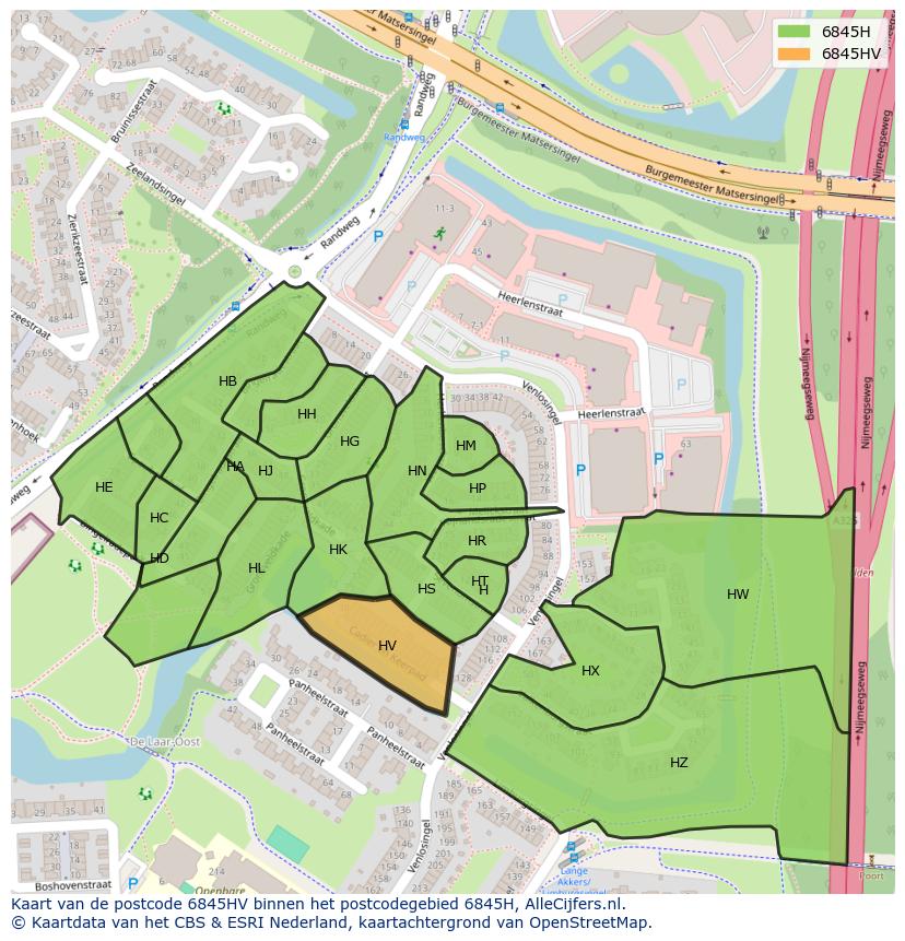 Afbeelding van het postcodegebied 6845 HV op de kaart.