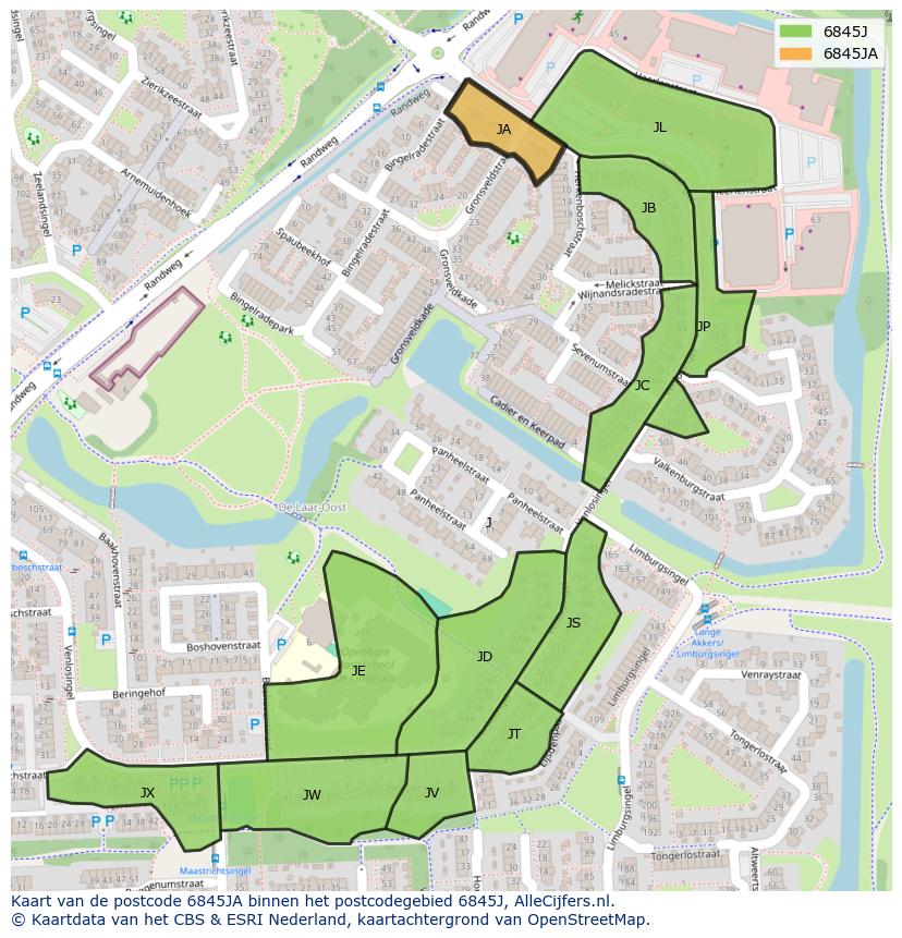 Afbeelding van het postcodegebied 6845 JA op de kaart.