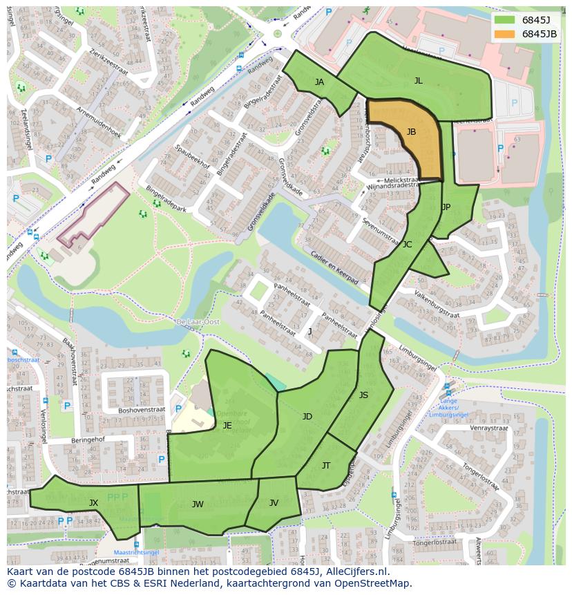 Afbeelding van het postcodegebied 6845 JB op de kaart.