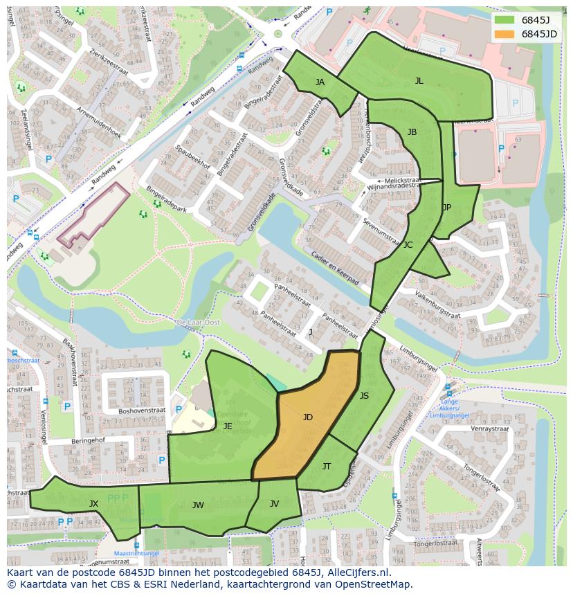 Afbeelding van het postcodegebied 6845 JD op de kaart.