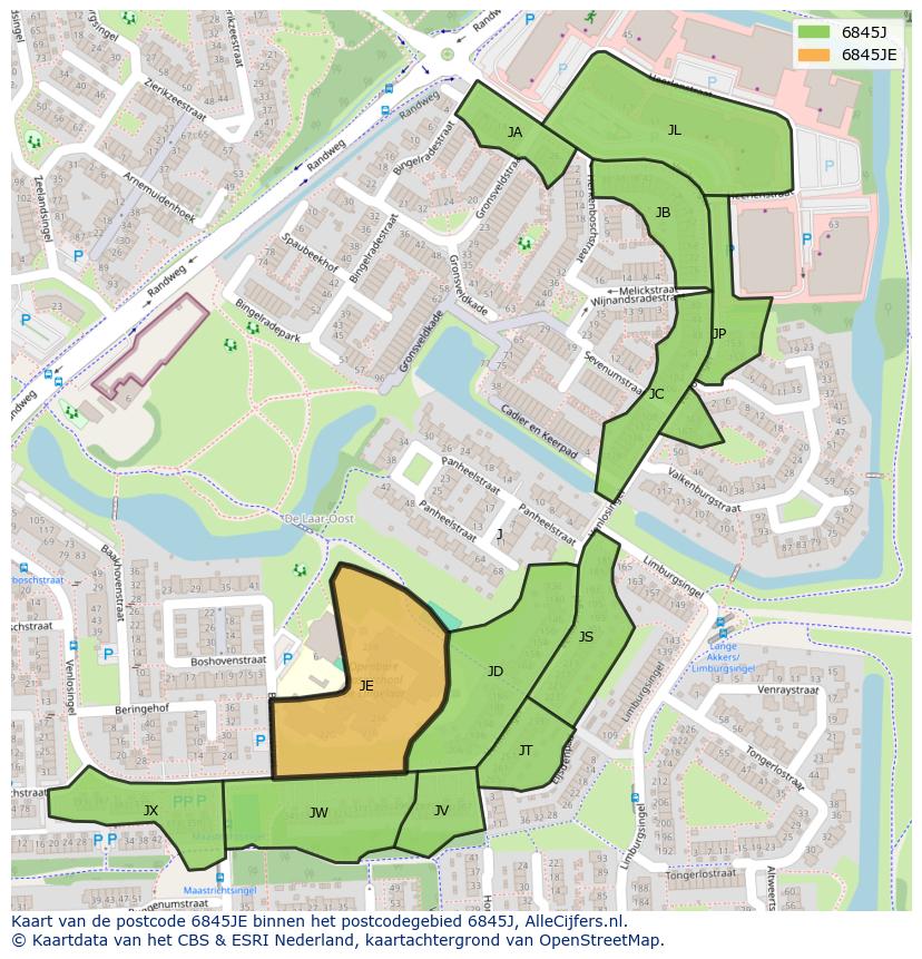 Afbeelding van het postcodegebied 6845 JE op de kaart.