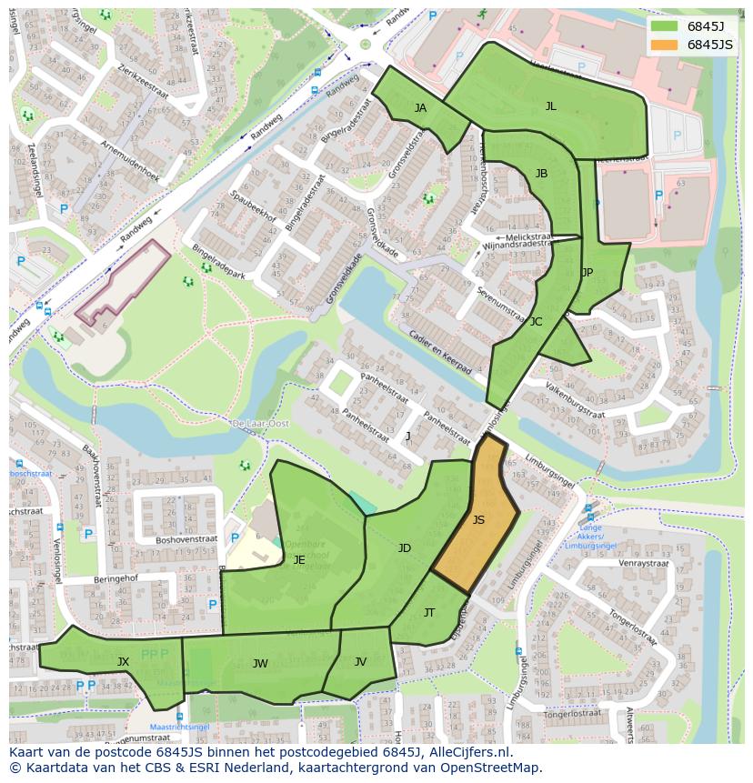 Afbeelding van het postcodegebied 6845 JS op de kaart.