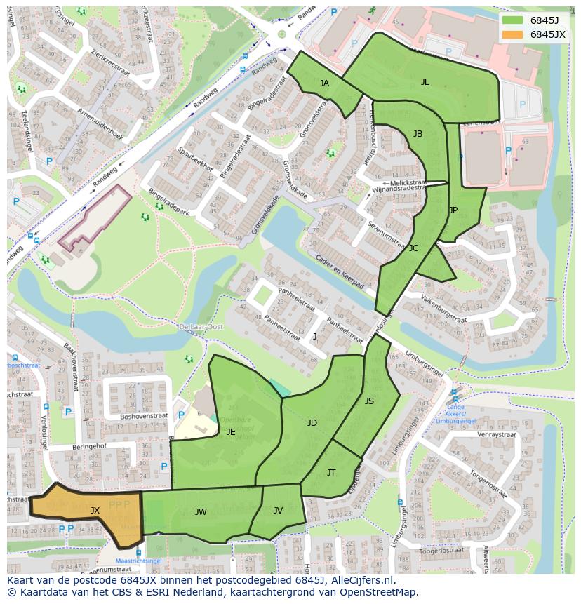 Afbeelding van het postcodegebied 6845 JX op de kaart.