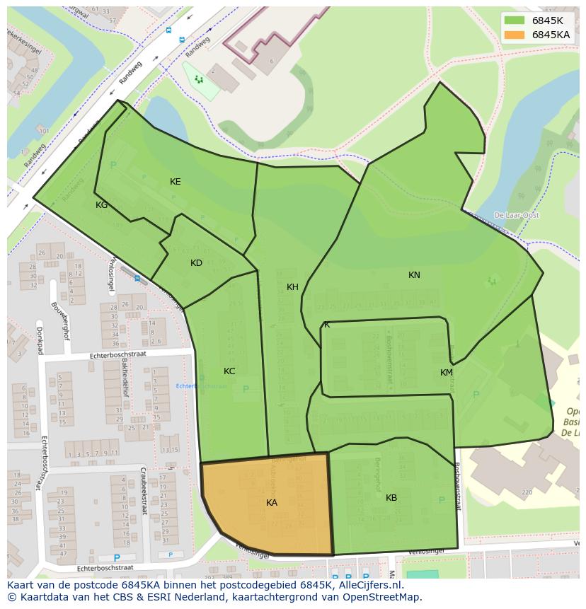 Afbeelding van het postcodegebied 6845 KA op de kaart.