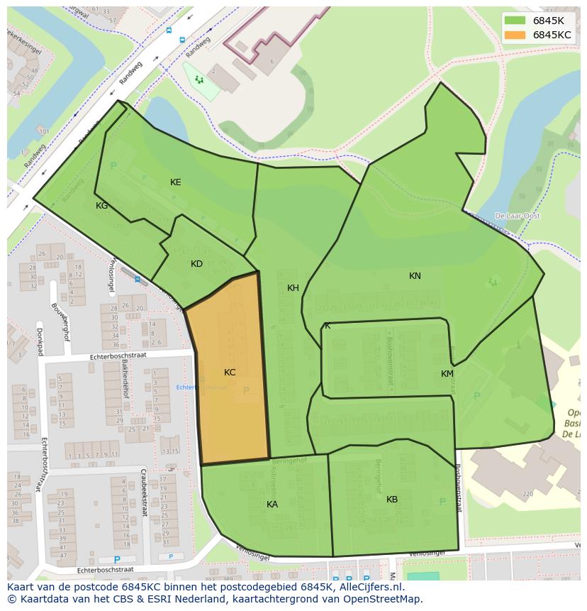 Afbeelding van het postcodegebied 6845 KC op de kaart.