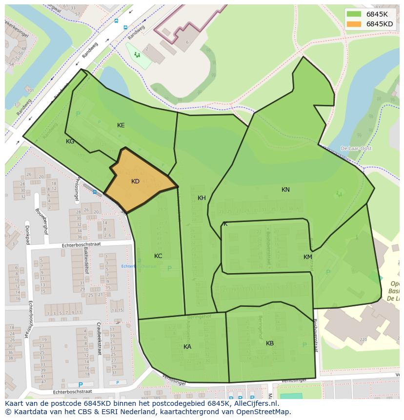 Afbeelding van het postcodegebied 6845 KD op de kaart.