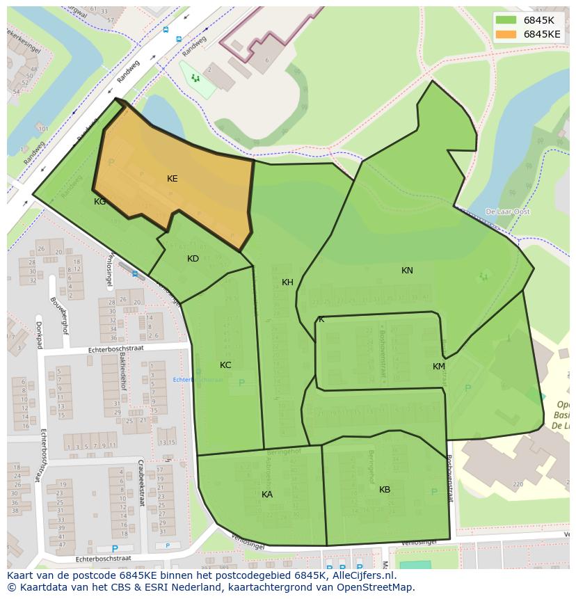 Afbeelding van het postcodegebied 6845 KE op de kaart.