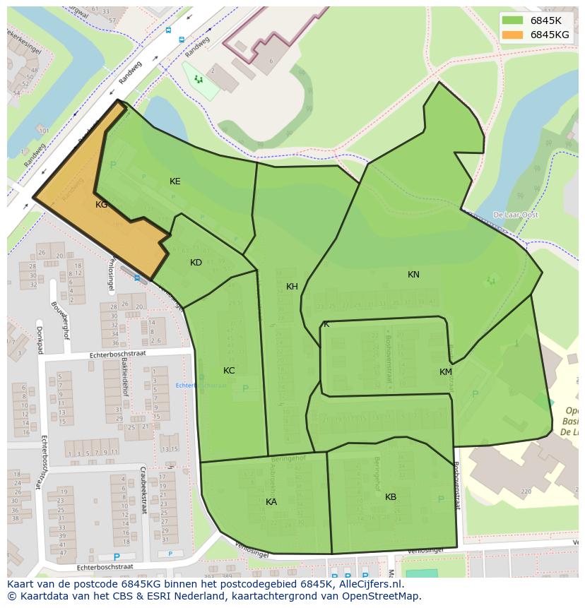 Afbeelding van het postcodegebied 6845 KG op de kaart.