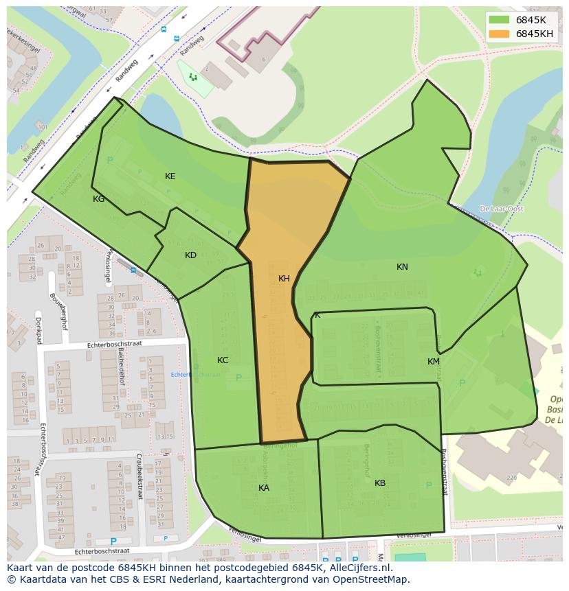 Afbeelding van het postcodegebied 6845 KH op de kaart.