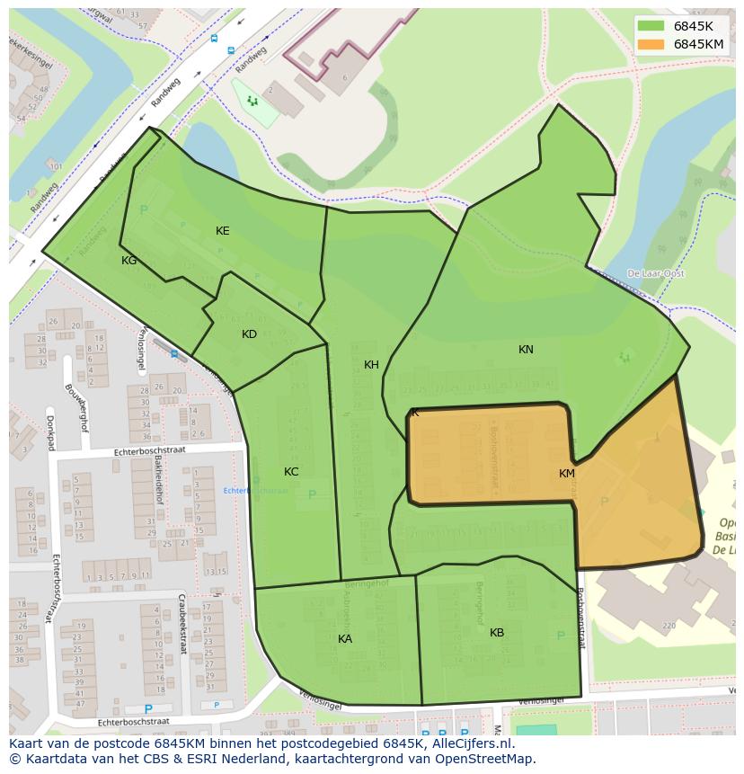 Afbeelding van het postcodegebied 6845 KM op de kaart.