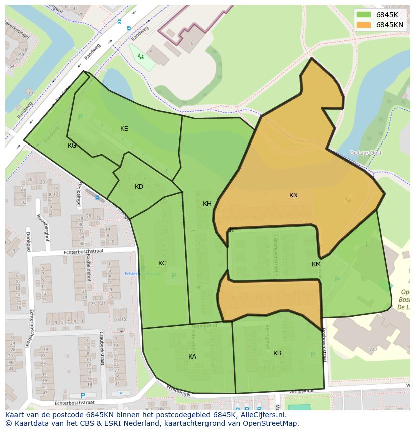 Afbeelding van het postcodegebied 6845 KN op de kaart.