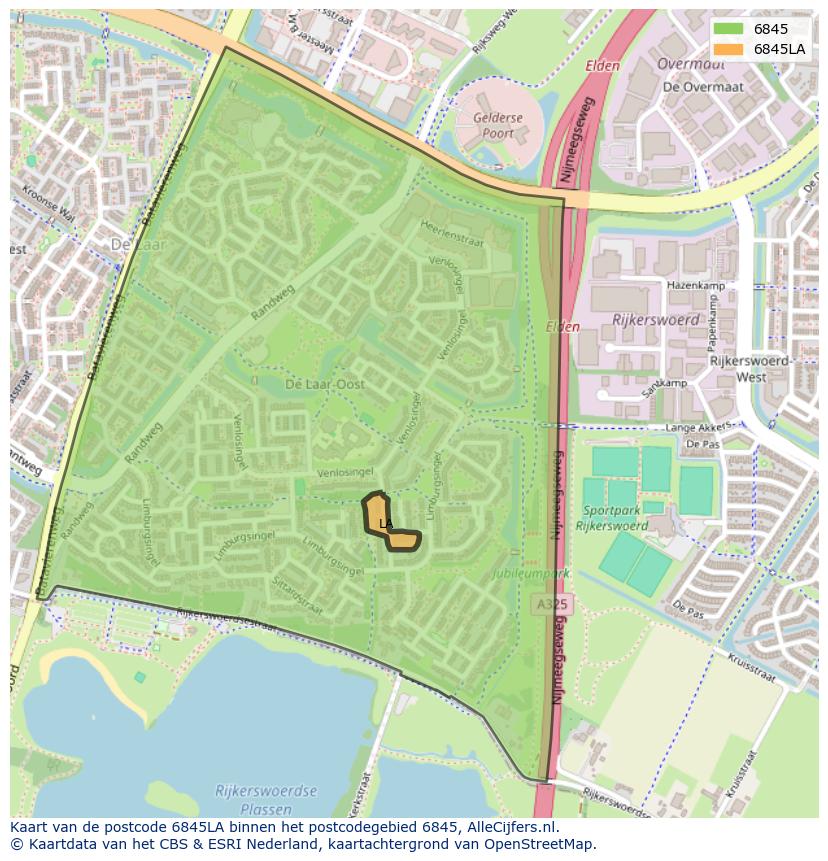 Afbeelding van het postcodegebied 6845 LA op de kaart.