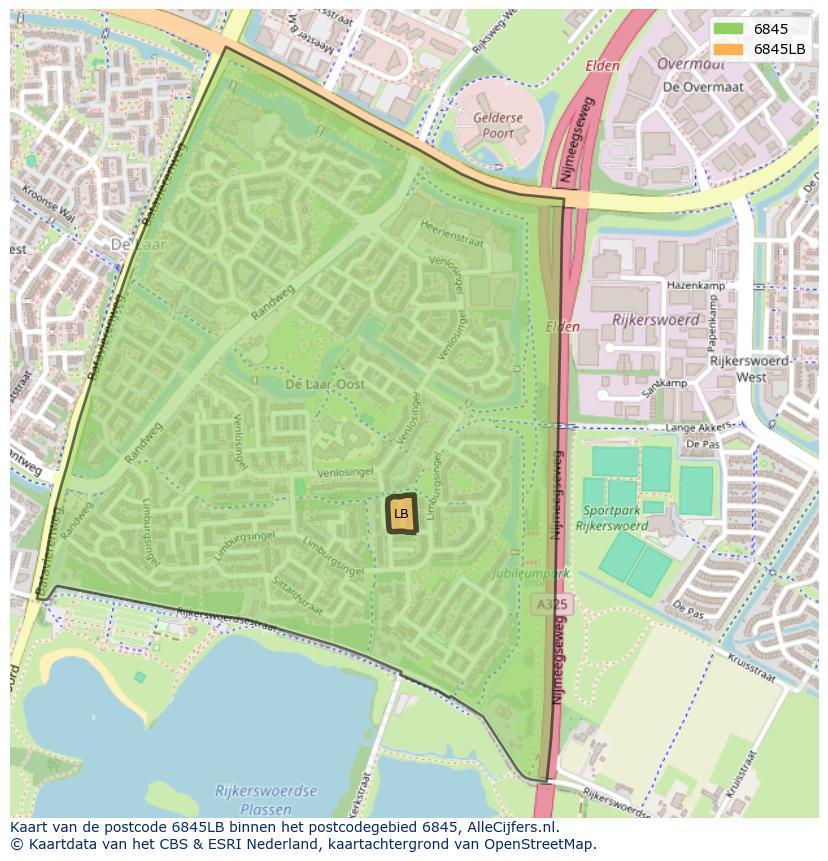 Afbeelding van het postcodegebied 6845 LB op de kaart.