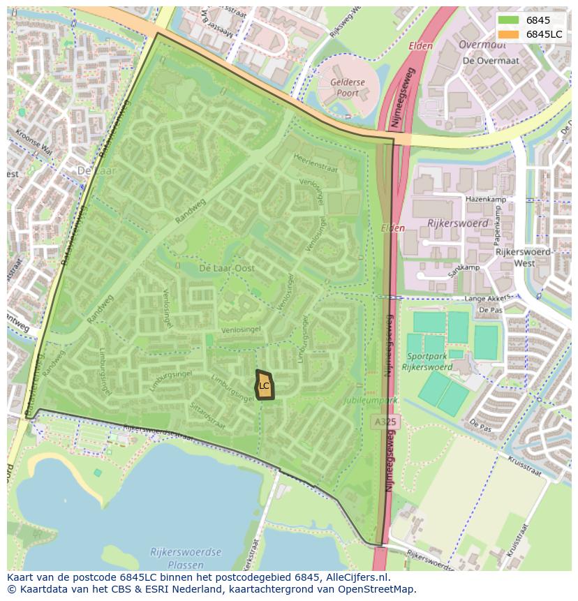 Afbeelding van het postcodegebied 6845 LC op de kaart.