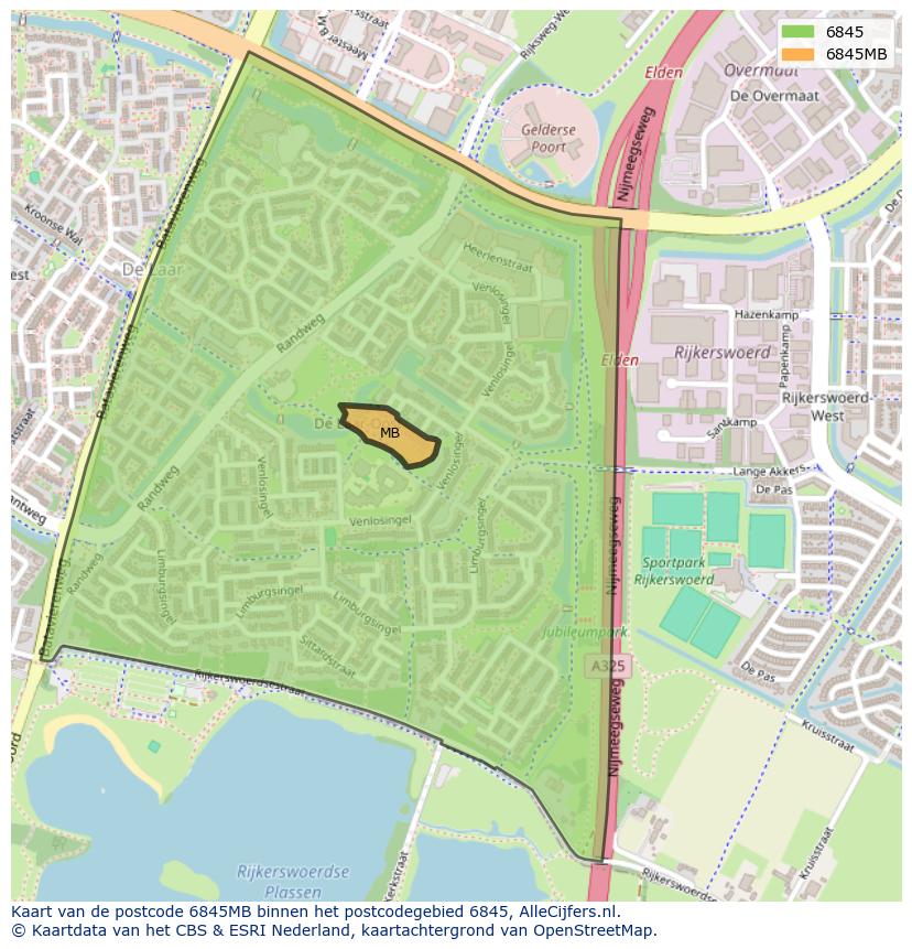 Afbeelding van het postcodegebied 6845 MB op de kaart.