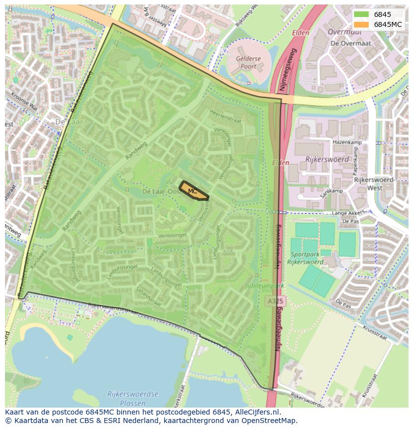 Afbeelding van het postcodegebied 6845 MC op de kaart.