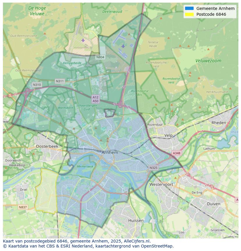 Afbeelding van het postcodegebied 6846 op de kaart.