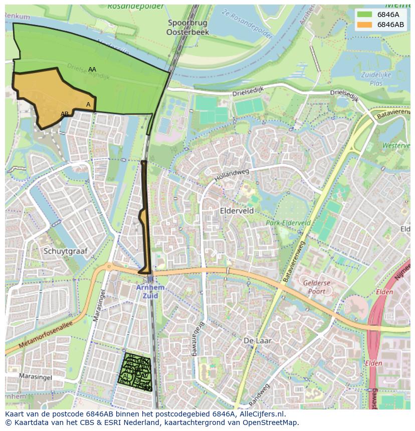 Afbeelding van het postcodegebied 6846 AB op de kaart.
